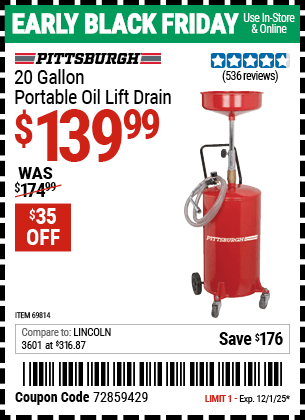 Harbor Freight Coupons, HF Coupons, 20% off - 20 Gallon Portable Oil Lift Drain