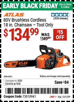 Harbor Freight Coupons, HF Coupons, 20% off - ATLAS 80v Lithium-Ion Cordless 18 in. Brushless Chainsaw 