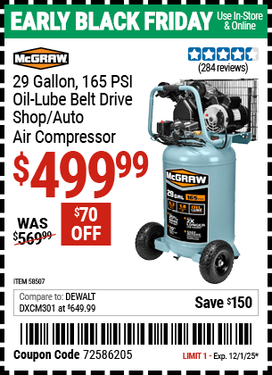 Harbor Freight Coupons, HF Coupons, 20% off - MCGRAW 29 gallon, 1.8 HP, 165 PSI Oil-Lube Vertical Air Compressor for $499.99