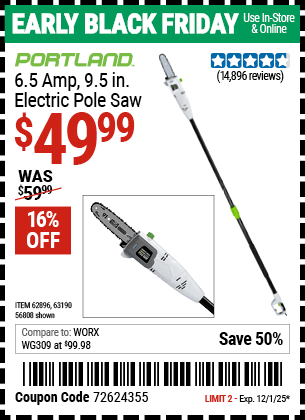 Harbor Freight Coupons, HF Coupons, 20% off - 7 Amp 1.5 Hp Electric Pole Saw