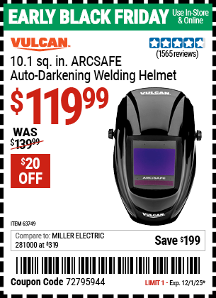 Harbor Freight Coupons, HF Coupons, 20% off - Vulcan Arcsafe Auto-darkening Welding Helmet