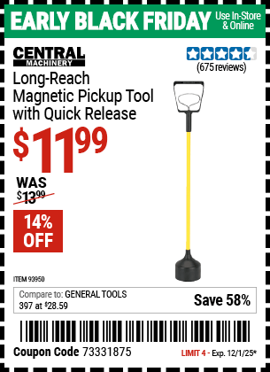 Harbor Freight Coupons, HF Coupons, 20% off - CENTRAL MACHINERY Long Reach Magnetic Pickup Tool with Quick Release 