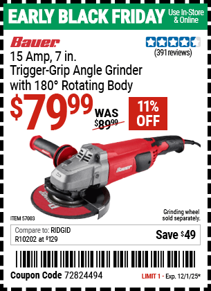 Harbor Freight Coupons, HF Coupons, 20% off - 15  Amp 7 in.  Trigger Grip Angle Grinder with 180 Rotating Body
