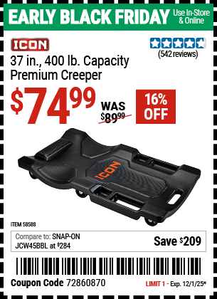 Harbor Freight Coupons, HF Coupons, 20% off - ICON 37 in. 400 lb. Capacity Premium Creeper for $74.99