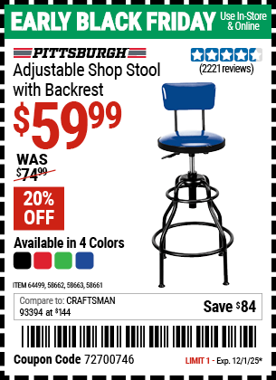 Harbor Freight Coupons, HF Coupons, 20% off - Adjustable Shop Stool With Backrest
