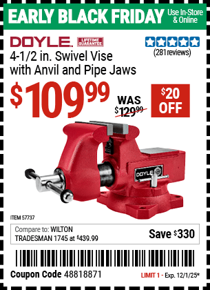 Harbor Freight Coupons, HF Coupons, 20% off - 4 in. Swivel Vise with Anvil  and Pipe Jaws