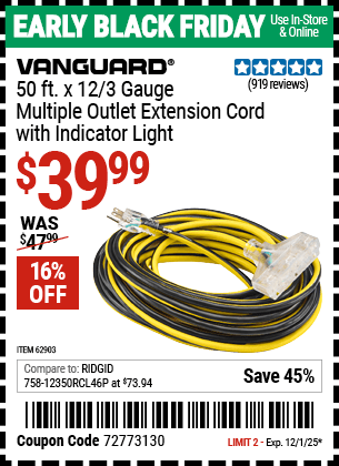 Harbor Freight Coupons, HF Coupons, 20% off - 12 Gauge X 50ft Multi-outlet Extension Cord With Indicator Light