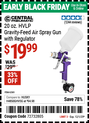 Harbor Freight Coupons, HF Coupons, 20% off - 20 Oz. Hvlp Gravity Feed Air Spray Gun With Regulator