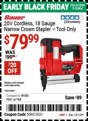Harbor Freight Coupons, HF Coupons, 20% off - BAUER 20V, 18 Gauge Narrow Crown Stapler, Tool Only for $79.99