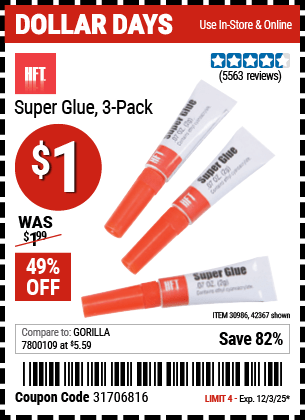Harbor Freight Coupons, HF Coupons, 20% off - Super Glue Pack Of 3