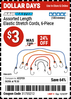 Harbor Freight Coupons, HF Coupons, 20% off - 6 Piece Elastic Stretch Cords