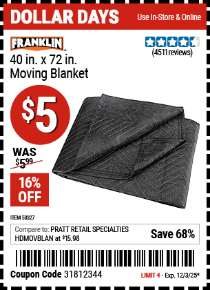 Harbor Freight Coupons, HF Coupons, 20% off - FRANKLIN 40 in. x 72 in. Moving Blanket 
