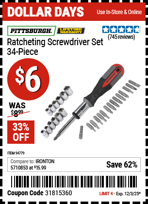 Harbor Freight Coupons, HF Coupons, 20% off - 34 Piece Ratcheting Screwdriver Set