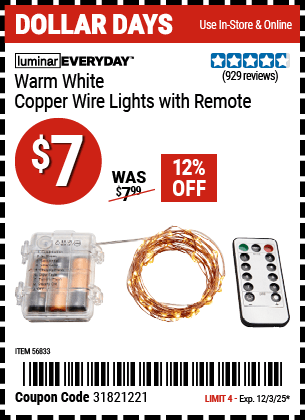Harbor Freight Coupons, HF Coupons, 20% off - Warm White Copper Wire Lights with Remote