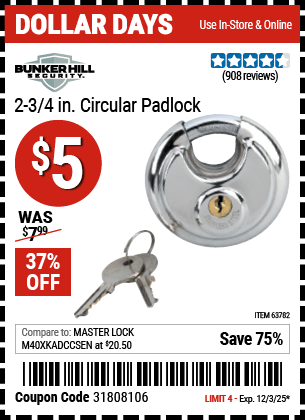 Harbor Freight Coupons, HF Coupons, 20% off - 2-3/4 in. Circular Padlock