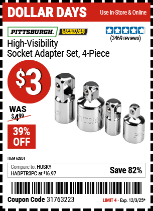 Harbor Freight Coupons, HF Coupons, 20% off - 4 Piece High Visibility Socket Adapter Set