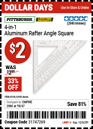 Harbor Freight Coupons, HF Coupons, 20% off - 4-in-1 Aluminum Rafter Angle Square