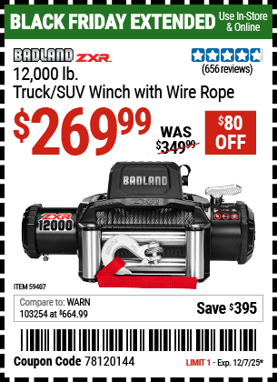 Harbor Freight Coupons, HF Coupons, 20% off - BADLAND ZXR 12 -000 lb. Truck/SUV Winch with Wire Rope 