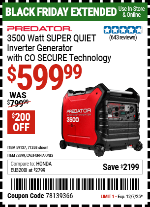 Harbor Freight Coupons, HF Coupons, 20% off - PREDATOR 3500 Watt Super Quiet Inverter Generator with CO SECURE� Technology 