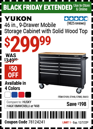 Harbor Freight Coupons, HF Coupons, 20% off - YUKON 46 in., 9-Drawer Mobile Storage Cabinet With Solid Wood Top for $299.99