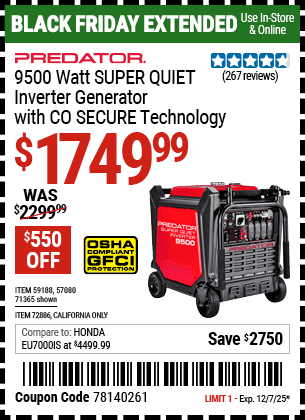 Harbor Freight Coupons, HF Coupons, 20% off - PREDATOR 9500 Watt SUPER QUIET Inverter Generator with CO SECURE Technology 