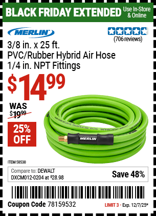 Harbor Freight Coupons, HF Coupons, 20% off - MERLIN 3/8 in. x 25 ft. PVC/Rubber Hybrid Air Hose for $14.99