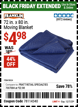 Harbor Freight Coupons, HF Coupons, 20% off - FRANKLIN 72 in. x 80 in. Moving Blanket 