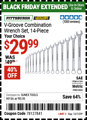 Harbor Freight Coupons, HF Coupons, 20% off - 14 Piece V-groove Fully Polished Combination Wrench Sets