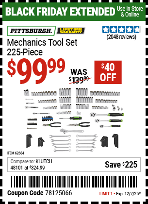 Harbor Freight Coupons, HF Coupons, 20% off - 225 Piece Mechanic's Tool Kit
