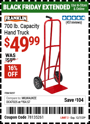 Harbor Freight Coupons, HF Coupons, 20% off - FRANKLIN 700 lb. Capacity Hand Truck for $49.99