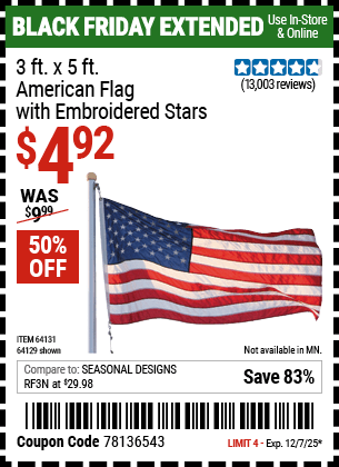Harbor Freight Coupons, HF Coupons, 20% off - 3 Ft. X 5 Ft. American Flag With Embroidered Stars