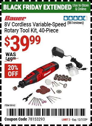 Harbor Freight Coupons, HF Coupons, 20% off - BAUER 8V Cordless Variable Speed Rotary Tool Kit 