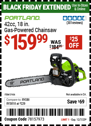 Harbor Freight Coupons, HF Coupons, 20% off - PORTLAND 42cc, 18 in. Gas-Powered Chainsaw for $129.99