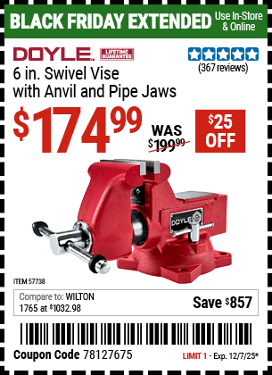 Harbor Freight Coupons, HF Coupons, 20% off - DOYLE 6 in. Swivel Vise with Anvil and Pipe Jaws for $199.99