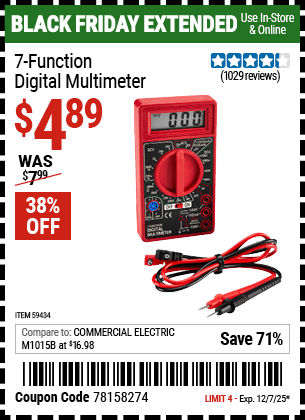 Harbor Freight Coupons, HF Coupons, 20% off - 7-Function Digital Multimeter for $4.92