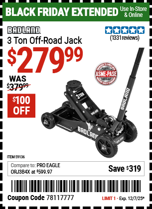 Harbor Freight Coupons, HF Coupons, 20% off - BADLAND 3 Ton Off-Road Jack 