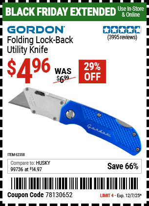 Harbor Freight Coupons, HF Coupons, 20% off - Folding Locking Back Utility Knife