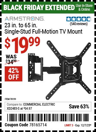 Harbor Freight Coupons, HF Coupons, 20% off - ARMSTRONG 23 in. to 65 in. Single-Stud Full-Motion TV Mount for $29.99