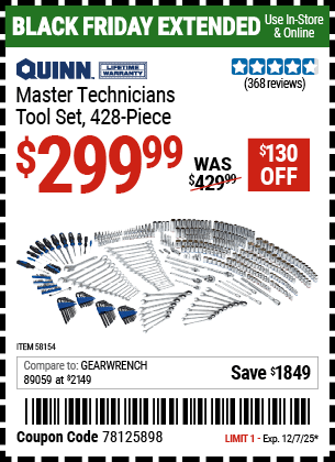 Harbor Freight Coupons, HF Coupons, 20% off - QUINN Master Technician Tool Set 