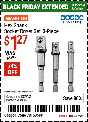 Harbor Freight Coupons, HF Coupons, 20% off - 3 Piece Hex Drill Socket Driver Set