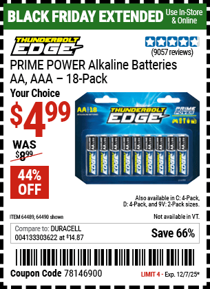 Harbor Freight Coupons, HF Coupons, 20% off - THUNDERBOLT EDGE Alkaline Batteries for $4.99