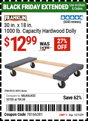 Harbor Freight Coupons, HF Coupons, 20% off - FRANKLIN 30 in. x 19 in. 1000 lb. Capacity Hardwood Dolly for $13.99