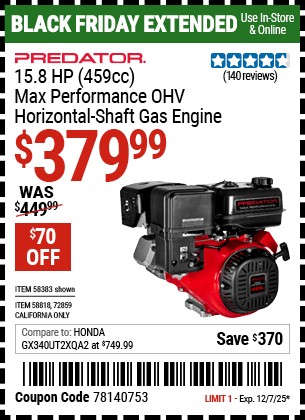 Harbor Freight Coupons, HF Coupons, 20% off - PREDATOR 15.8 HP (459cc) OHV Horizontal-Shaft Gas Engine for $419.99