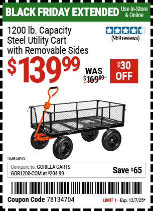 Harbor Freight Coupons, HF Coupons, 20% off - HFT 1200 lb. Capacity Steel Utility Cart with Sides 