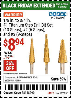 Harbor Freight Coupons, HF Coupons, 20% off - 3 Piece Titanium High Speed Steel Step Bits