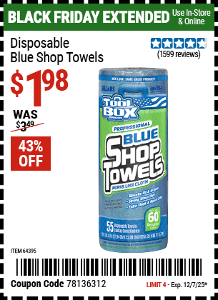Harbor Freight Coupons, HF Coupons, 20% off - Disposable Blue Shop Towels