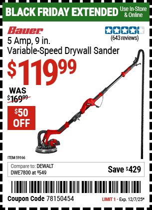 Harbor Freight Coupons, HF Coupons, 20% off - BAUER 5 Amp 9 in. Variable Speed Drywall Sander 