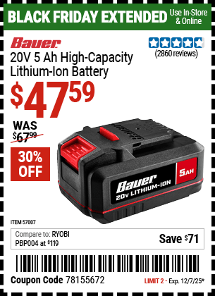 Harbor Freight Coupons, HF Coupons, 20% off - 20v HyperMax� Lithium-Ion 5.0 Ah High Capacity Battery
