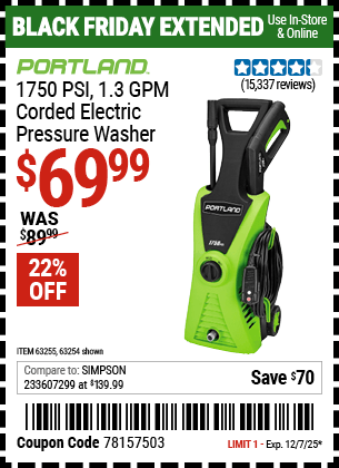 Harbor Freight Coupons, HF Coupons, 20% off - 1750 Psi Electric Pressure Washer