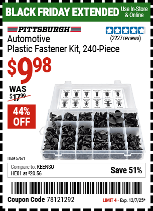 Harbor Freight Coupons, HF Coupons, 20% off - PITTSBURGH Automotive Plastic Fastener Kit for $13.99